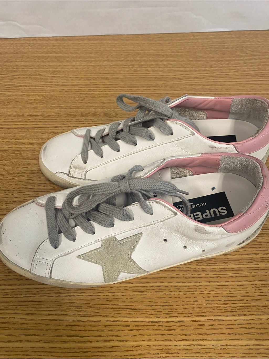 White Leather Golden Goode Sneakers With Pink Heel And Silver Star Accent
